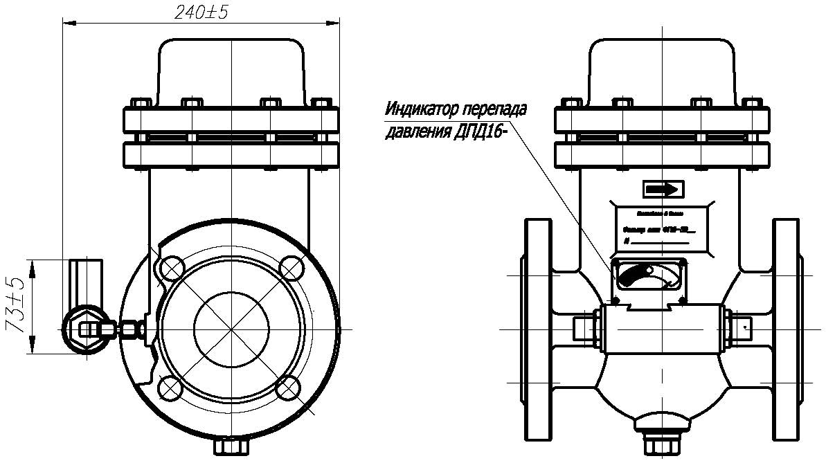Габаритные размеры фильтра, оснащённого индикатором перепада давления ДПД16