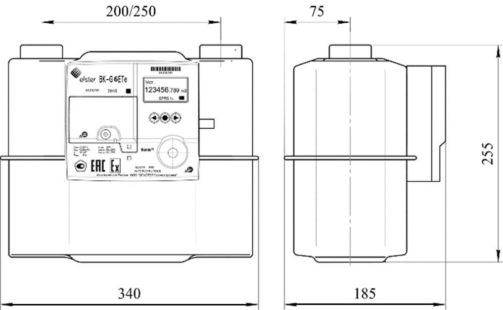 Габаритные и присоединительные размеры для счетчика BK-G6 ETe